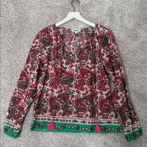 Boden Serena Paisley Print Cotton Split Neck Top in Pink & Green - Size 6